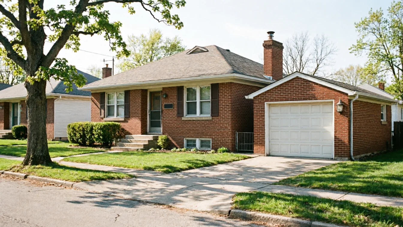 A red brick house with a white garage door and a green lawn.