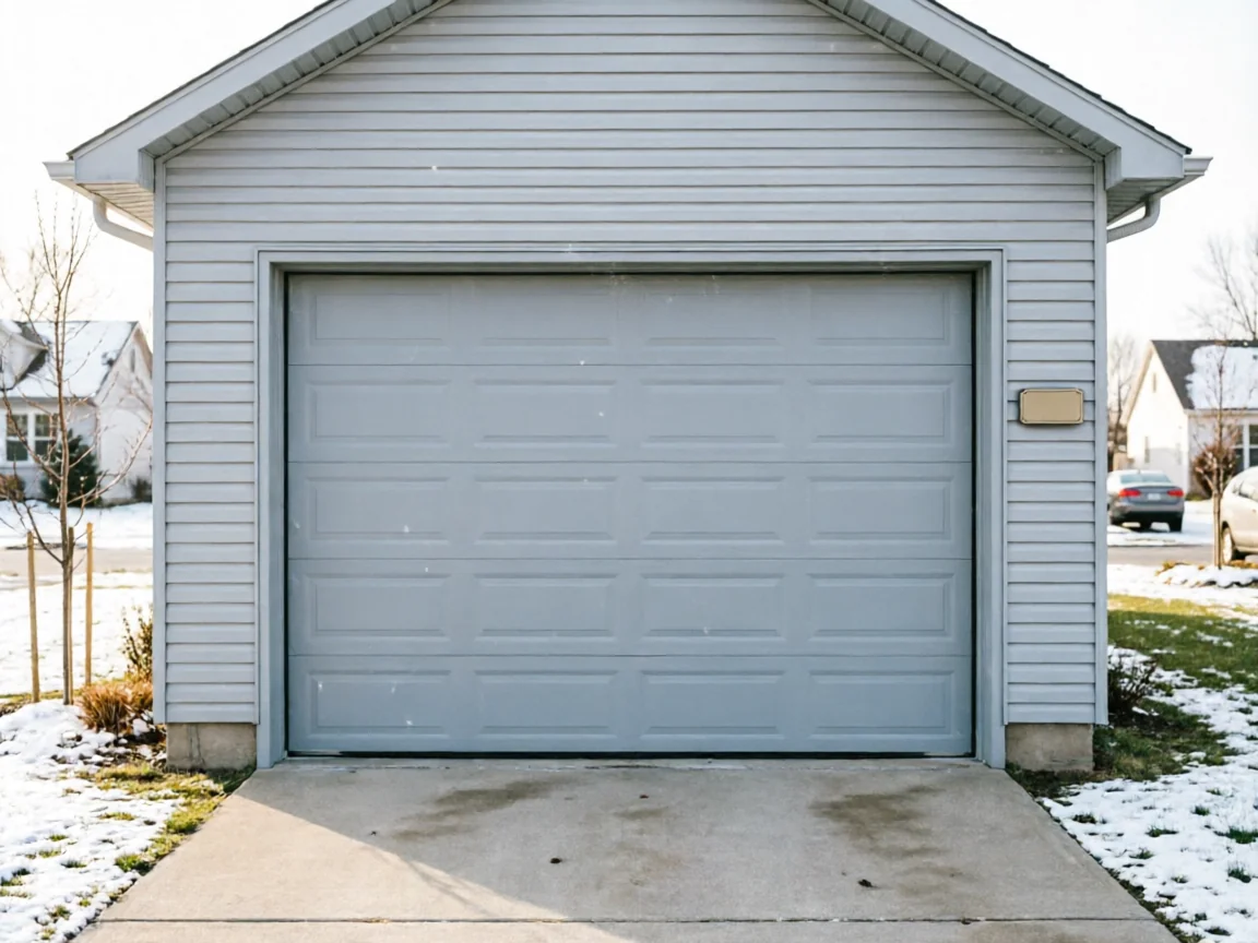 A closed gray garage door on a light gray house with snow on the ground.